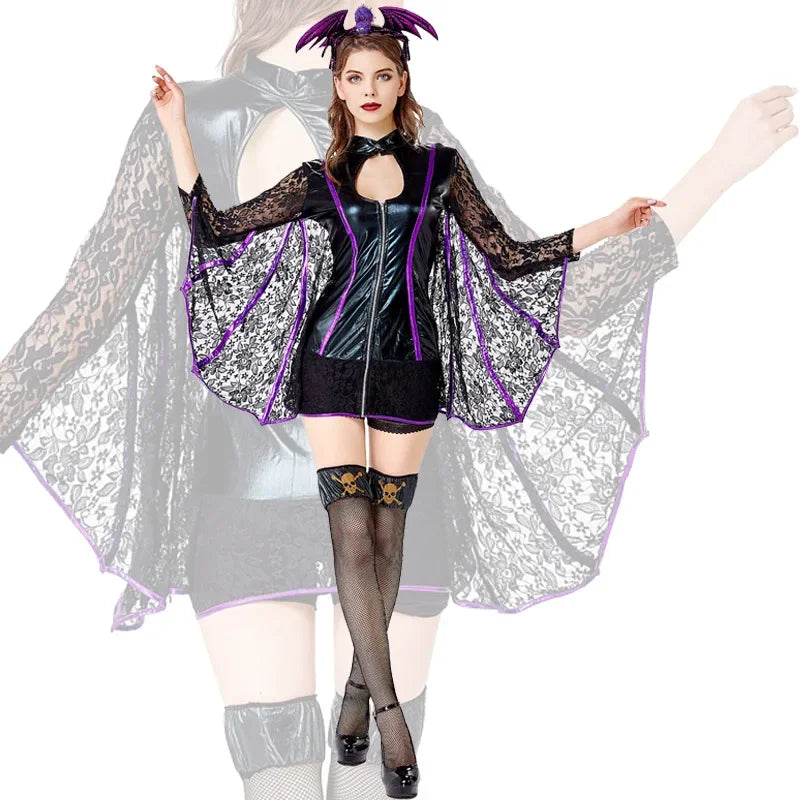 New Bat Queen Lace Wings Patent Leather Costume Role-playing Prom Party Bar Performance Suit