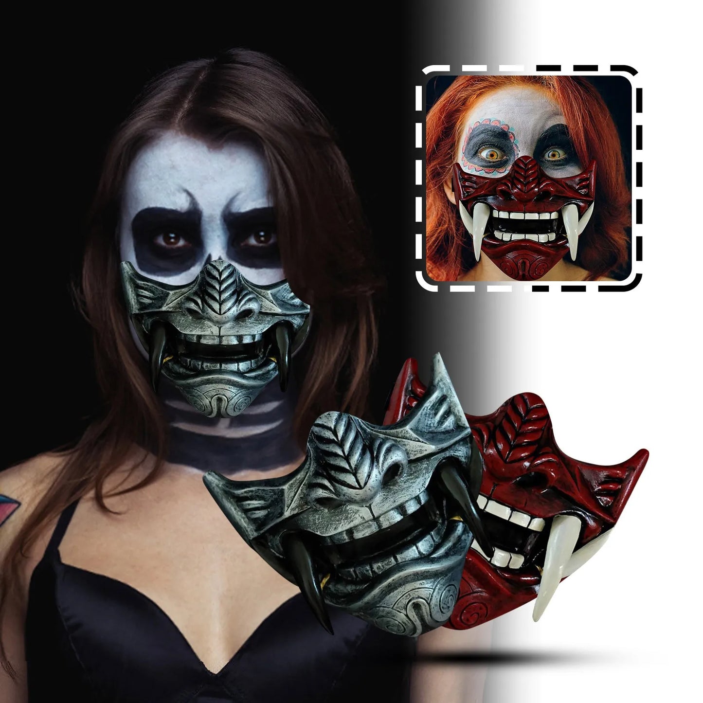 Japanese Half Face Oni Demon Mask - Premium Silver