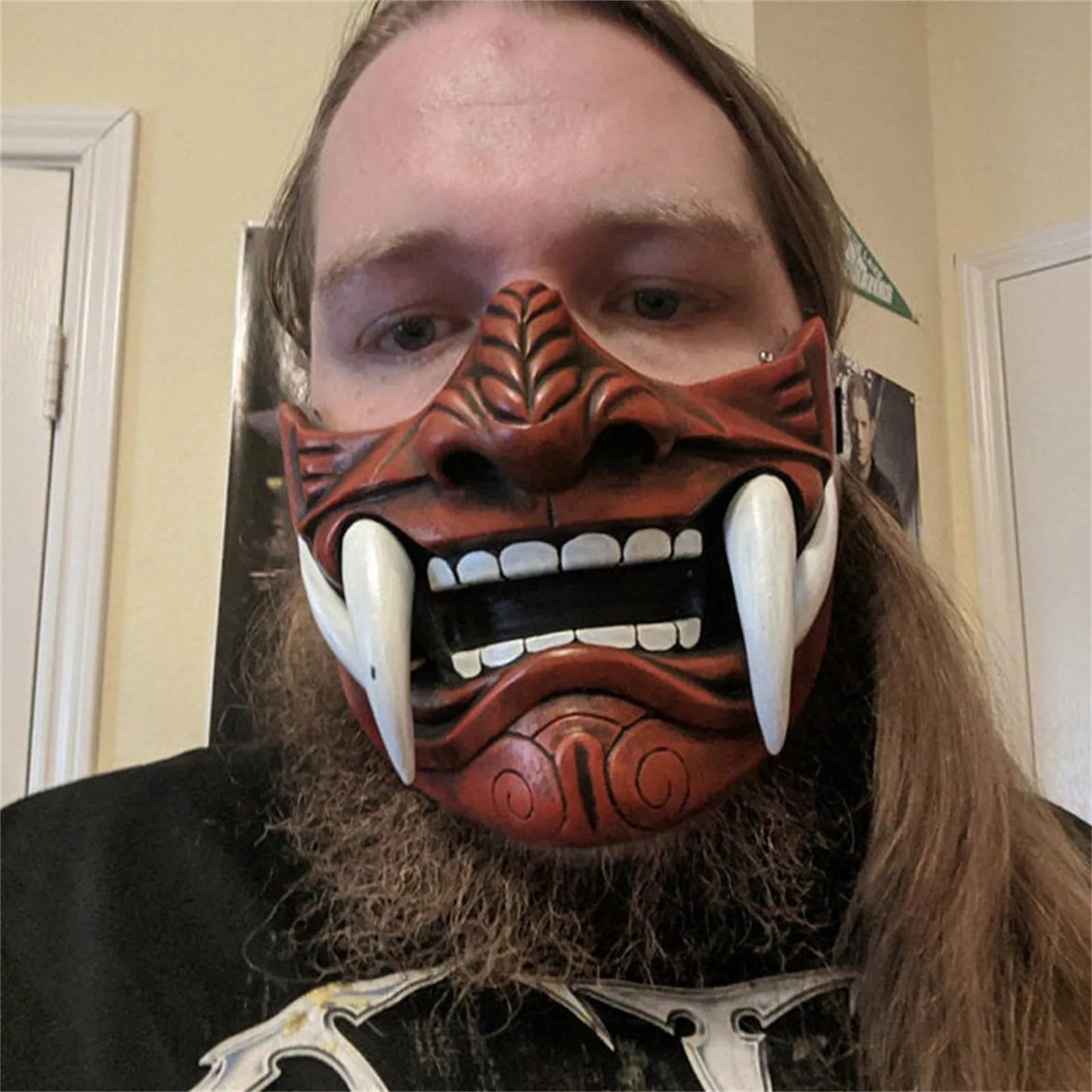 Japanese Half Face Oni Demon Mask - Premium Black