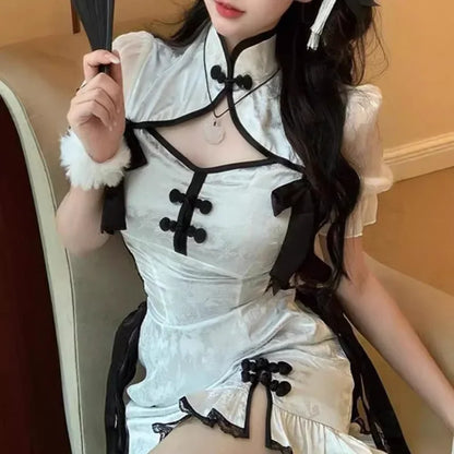 Sexy Chinese qipao high slit hollow lace cheongsam skirt Maid Anime Cosplay costume sexy