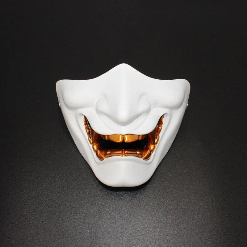 Japanese Half Face Oni Demon Mask - Gold Premium White