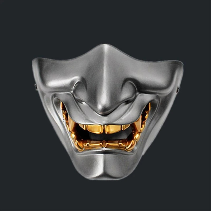 Japanese Half Face Oni Demon Mask - Gold Premium Gray