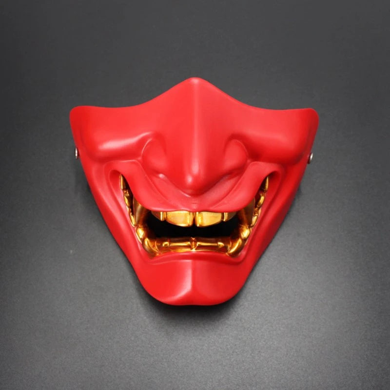 Japanese Half Face Oni Demon Mask - Gold Premium Red