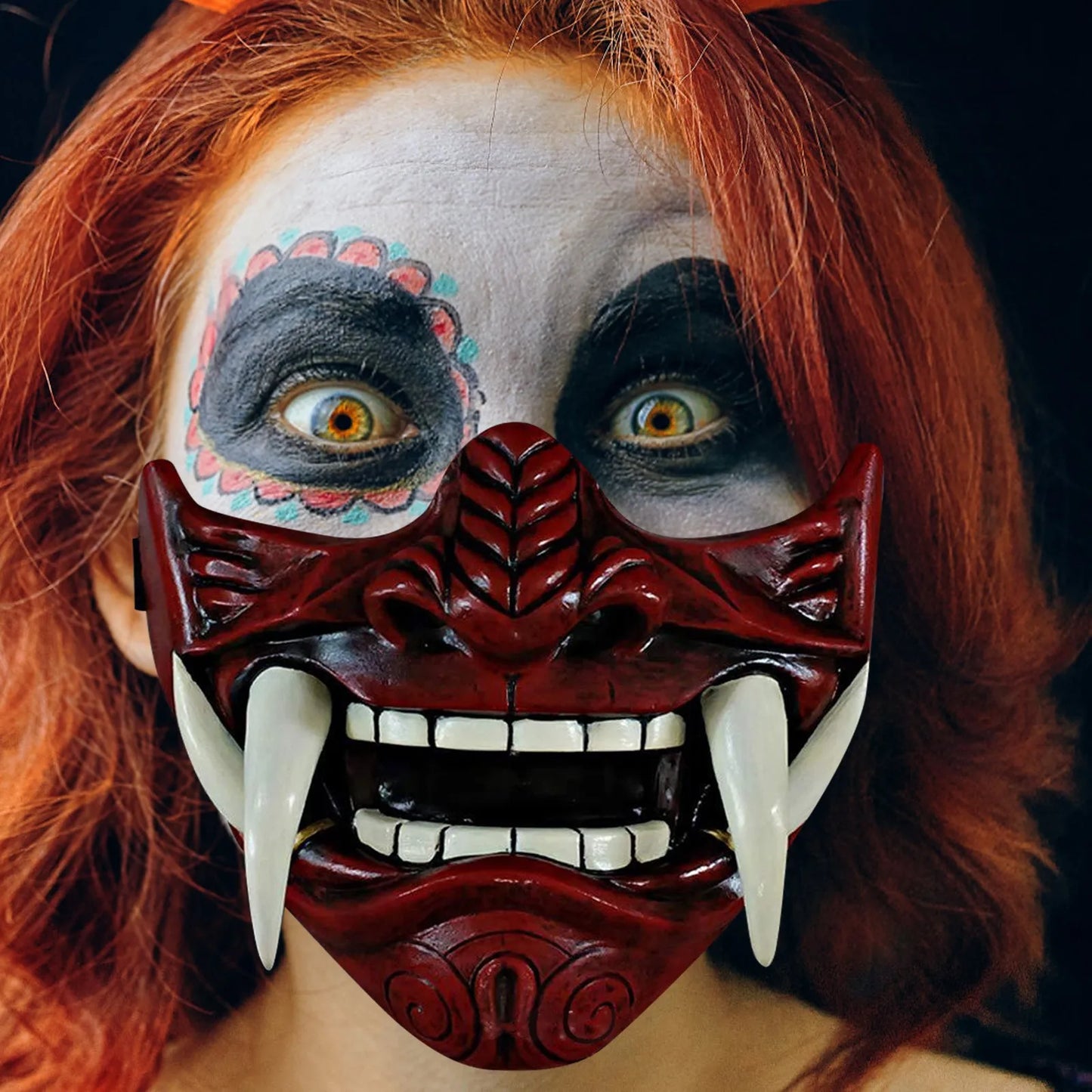 Japanese Half Face Oni Demon Mask - Premium Red