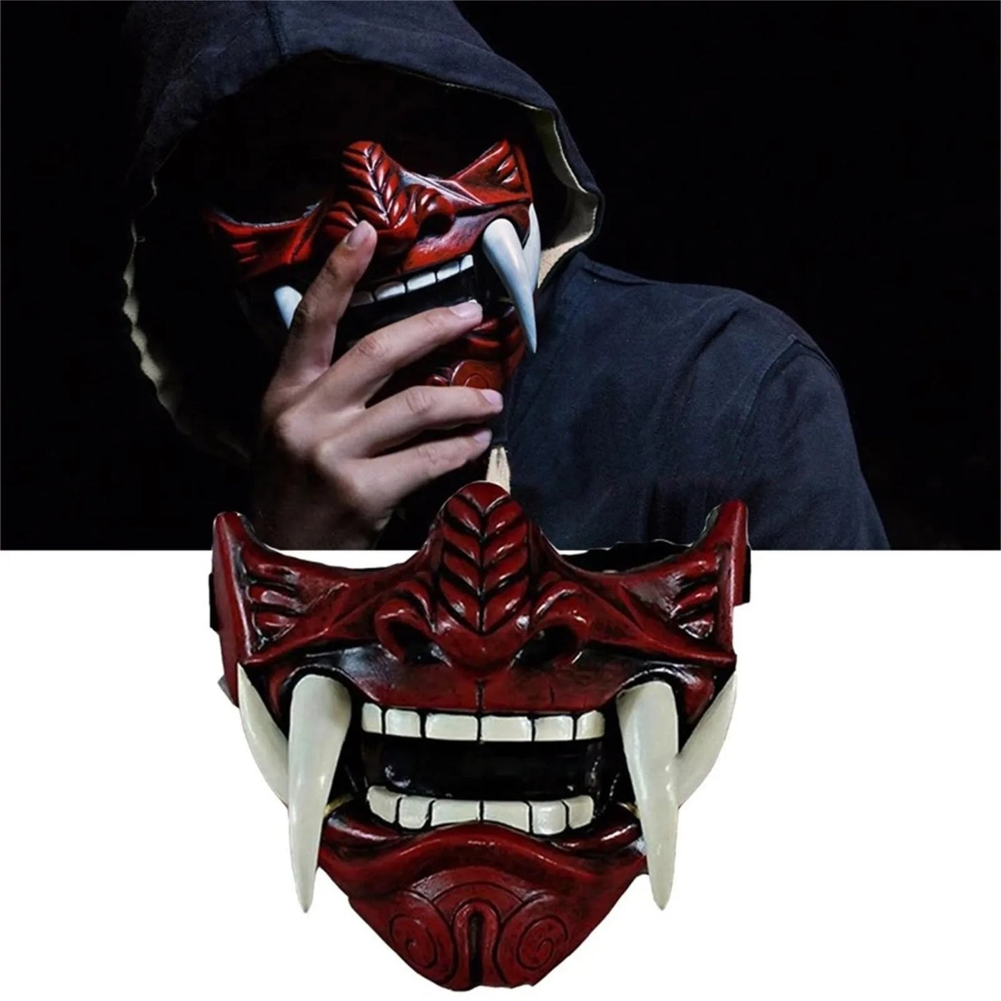 Japanese Half Face Oni Demon Mask - Premium Red